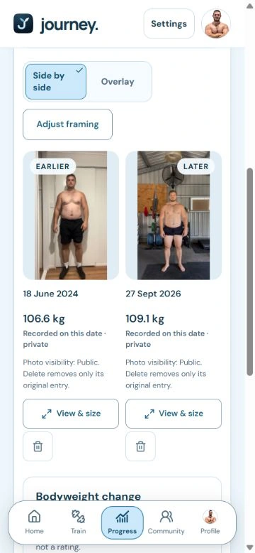 Shannon’s own dated photo comparison and recorded bodyweight